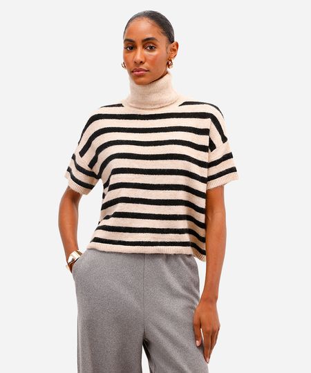 blusa feminina tricot listrada gola alta preta P