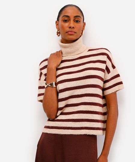 blusa feminina tricot listrada gola alta vinho P