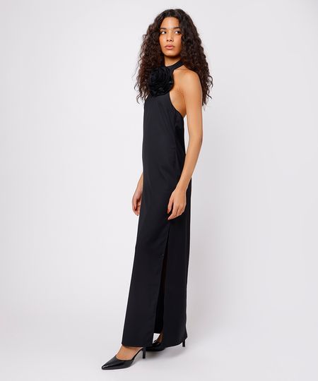 vestido halterneck feminino com flor e fenda mindset preto P vestido halterneck feminino com flor e fenda mindset preto P