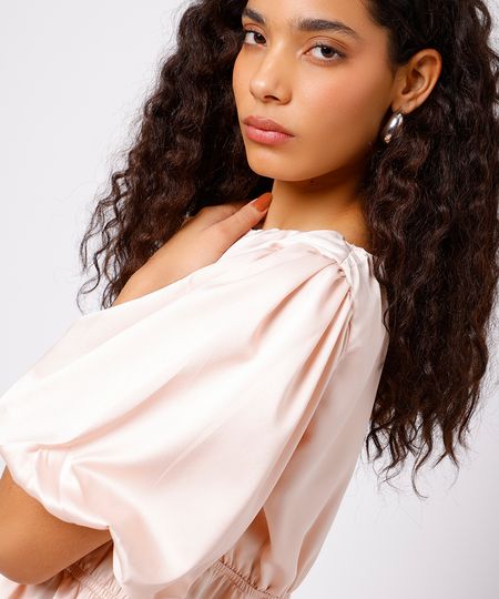 blusa feminina acetinada franzida manga bufante mindset rosa G blusa feminina acetinada franzida manga bufante mindset rosa G