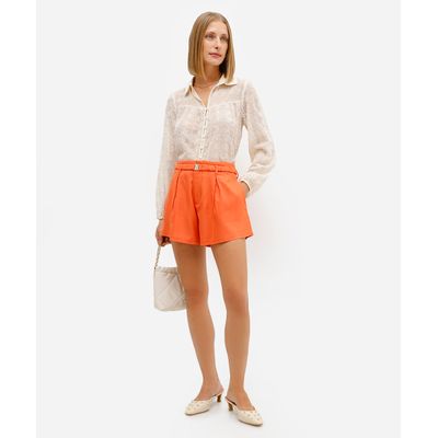 short feminino com linho e cinto laranja