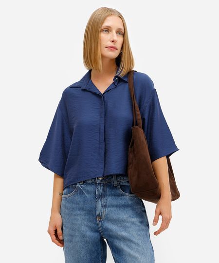 camisa feminina de viscose manga curta texturizada azul PP