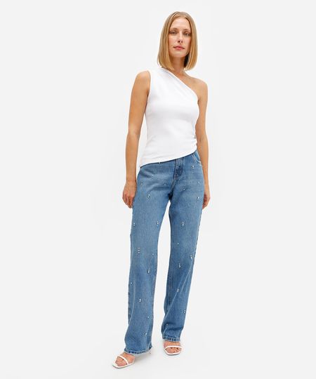 calça reta feminina jeans com brilhos azul 34