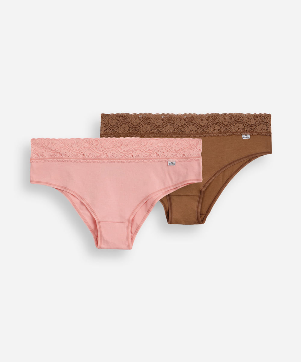kit de 2 calcinhas biquíni de algodão com renda plus size del rio colorido
