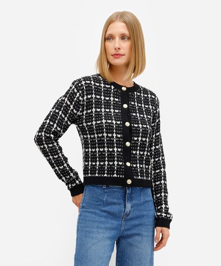 cardigan feminino de tricot tweed xadrez preto P