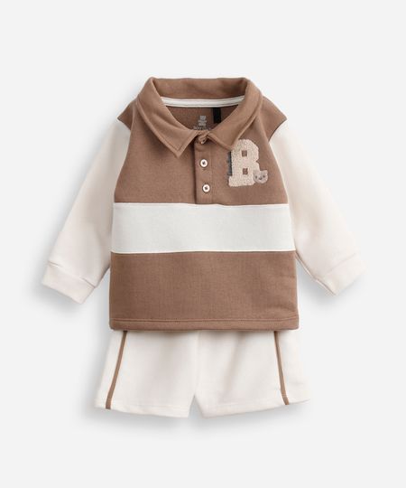 conjunto infantil moletinho manga longa bege 3-6