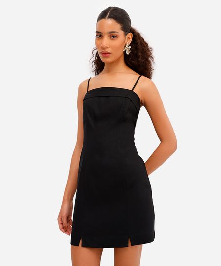 vestido curto feminino alça fina com linho e fendas preto P