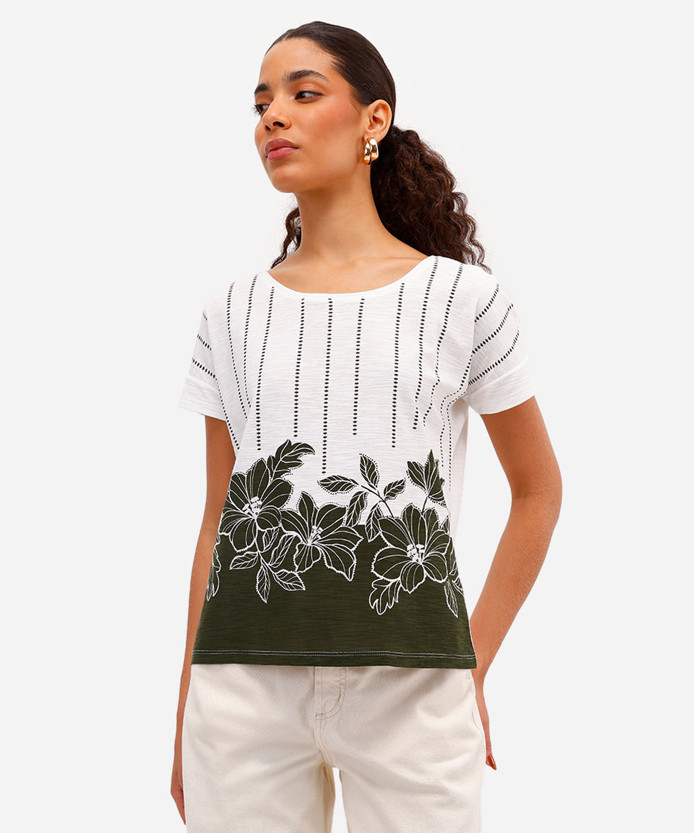 blusa feminina de algodão manga curta floral verde