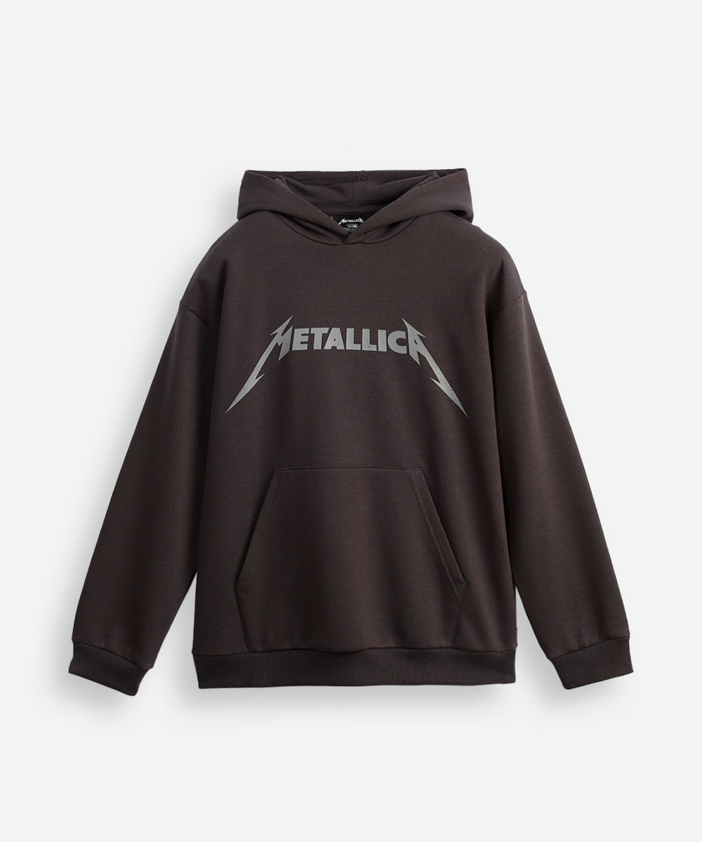 blusão juvenil de moletom felpado com capuz metallica cinza