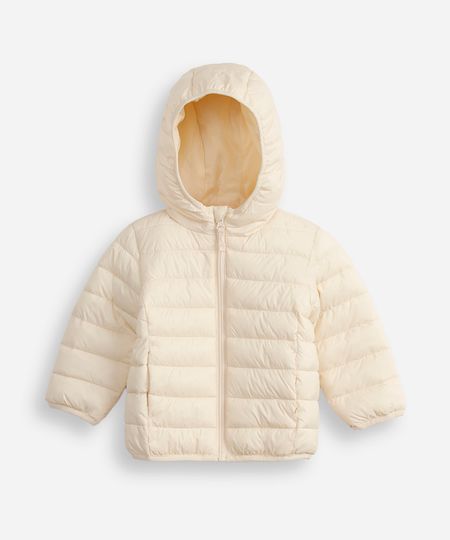 jaqueta puffer infantil com capuz bege 3-6