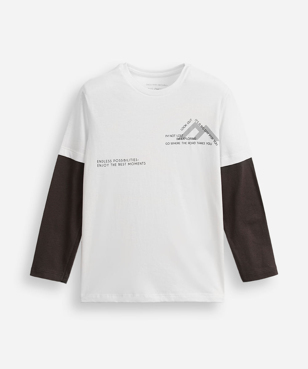 camiseta infantil manga sobreposta algodão off white