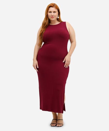 vestido midi feminino decote canoa canelado plus size vinho GG1 vestido midi feminino decote canoa canelado plus size vinho GG1