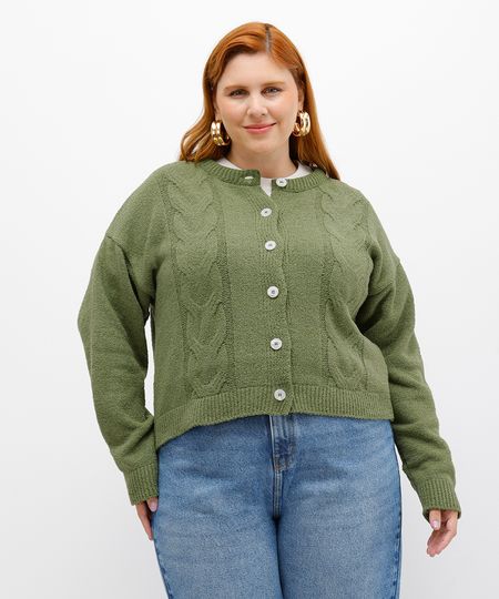 cardigan feminino de tricot texturizado plus size mindset verde GG1 cardigan feminino de tricot texturizado plus size mindset verde GG1