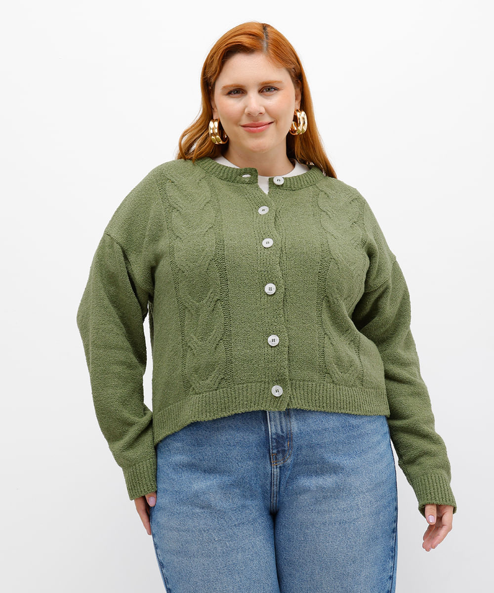 cardigan feminino de tricot texturizado plus size mindset verde