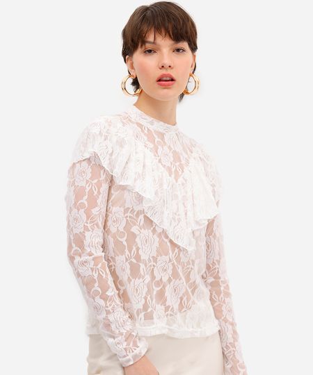 bata feminina de renda com babado floral off white M bata feminina de renda com babado floral off white M