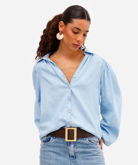 camisa feminina jeans manga bufante azul GG camisa feminina jeans manga bufante azul GG