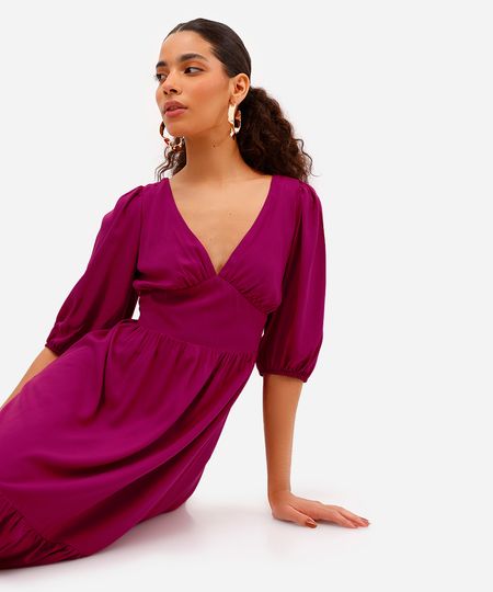 vestido midi feminino de viscose manga bufante com recorte rosa P vestido midi feminino de viscose manga bufante com recorte rosa P