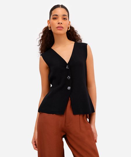 colete feminino de tricot alongado preto M
