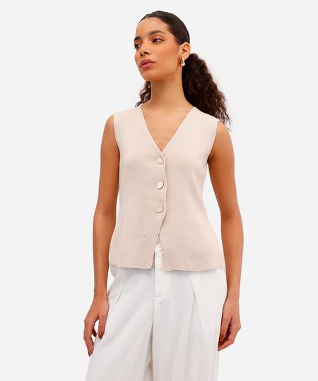 colete feminino de tricot alongado bege PP
