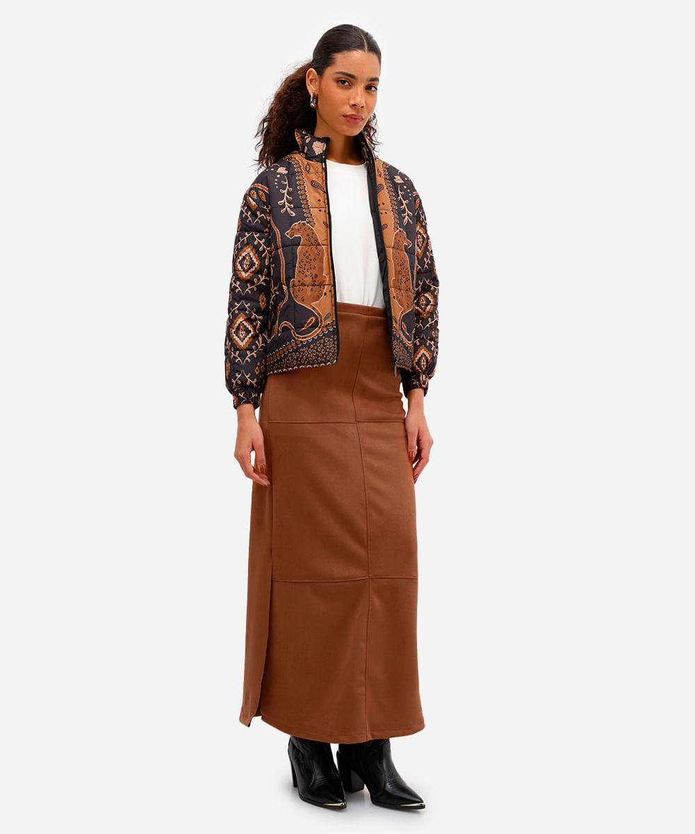 saia longa feminina de suede com recortes e fenda marrom