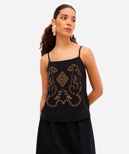 blusa feminina alça fina com bordado preta M