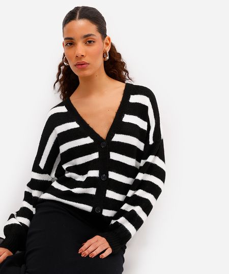cardigan feminino de tricot listrado texturizado preto P cardigan feminino de tricot listrado texturizado preto P