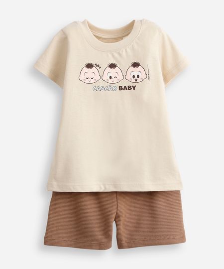 conjunto infantil manga curta cascão bege 0-3