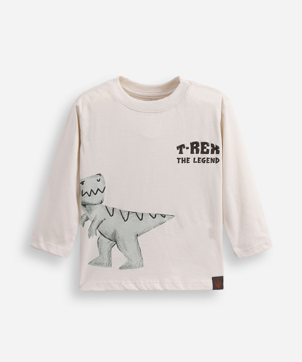 camiseta infantil manga longa t rex bege