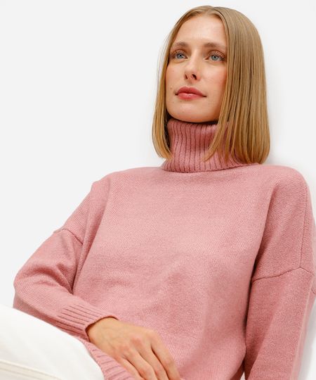 suéter feminino de tricot oversized gola alta rosa P