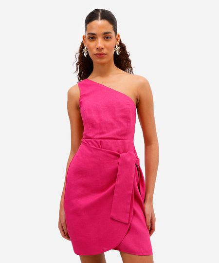vestido ombro único feminino com linho e amarração rosa M