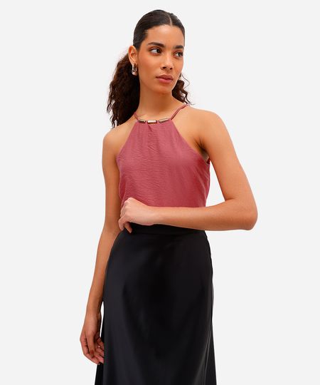 blusa halterneck feminina de viscose texturizada rosa M blusa halterneck feminina de viscose texturizada rosa M