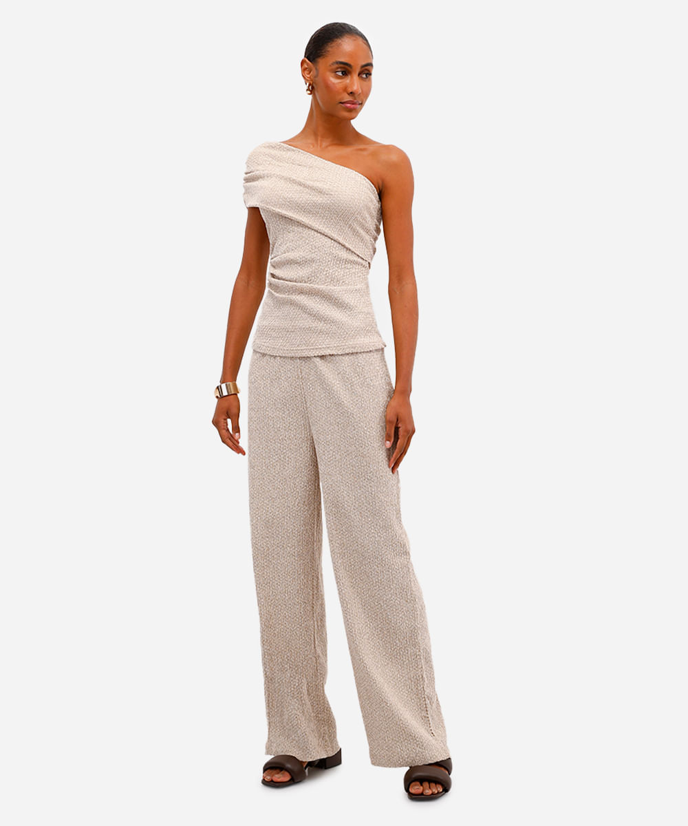 calça pantalona feminina texturizada bege
