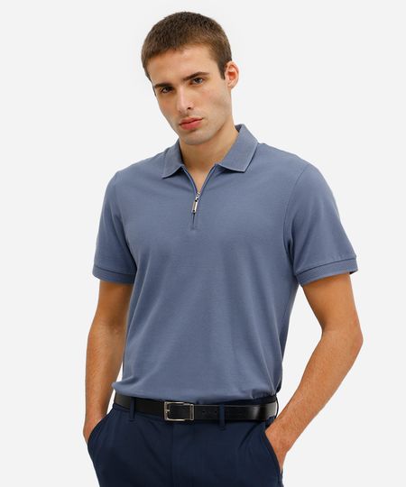 polo masculina de algodão manga curta com zíper azul G