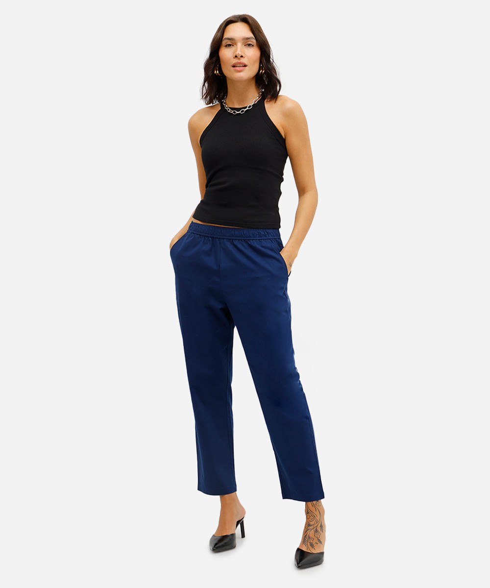 calça reta básica feminina de algodão azul
