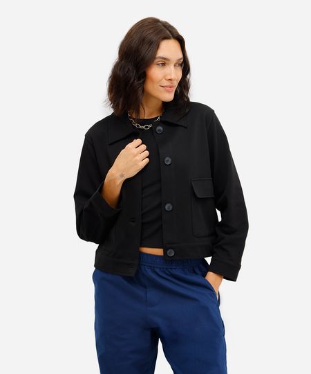 jaqueta básica feminina com bolsos texturizada preta P