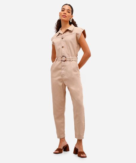 macacão feminino de sarja com cinto bege M macacão feminino de sarja com cinto bege M