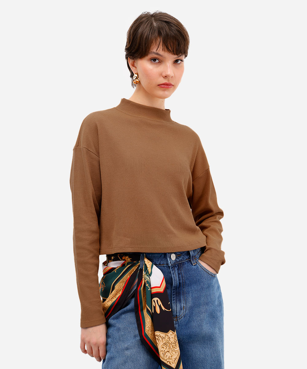 blusa feminina texturizada básica manga longa marrom