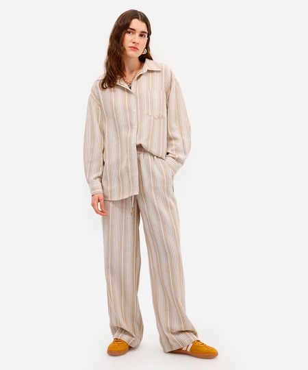 calça pijama feminina listrada cós elástico  bege 44