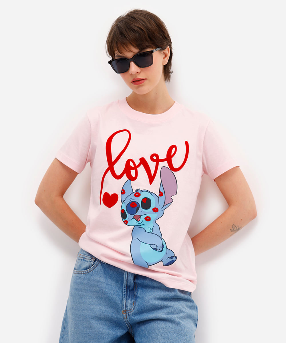 camiseta feminina de algodão stitch texturizada rosa