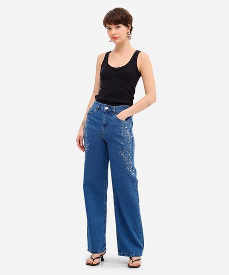 calça wide leg feminina jeans com bordado e brilhos azul 36
