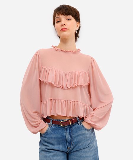 bata feminina de tule manga bufante com babados rosa P bata feminina de tule manga bufante com babados rosa P