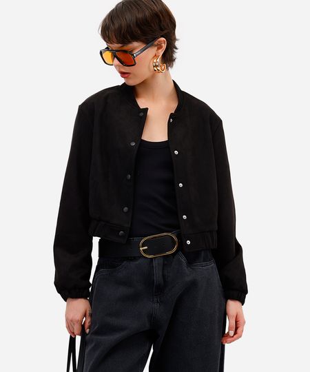 jaqueta bomber feminina de suede preta GG