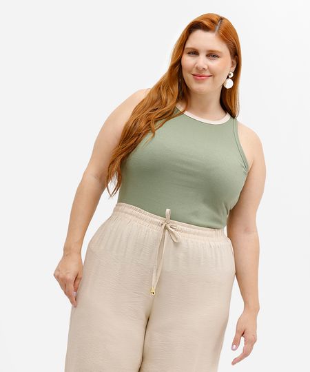regata plus size de algodão canelada verde GG1
