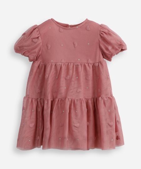vestido infantil de tule com recorte e manga bufante - rosa escuro 3