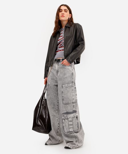calça skater feminina jeans com bolsos cargo cinza 38
