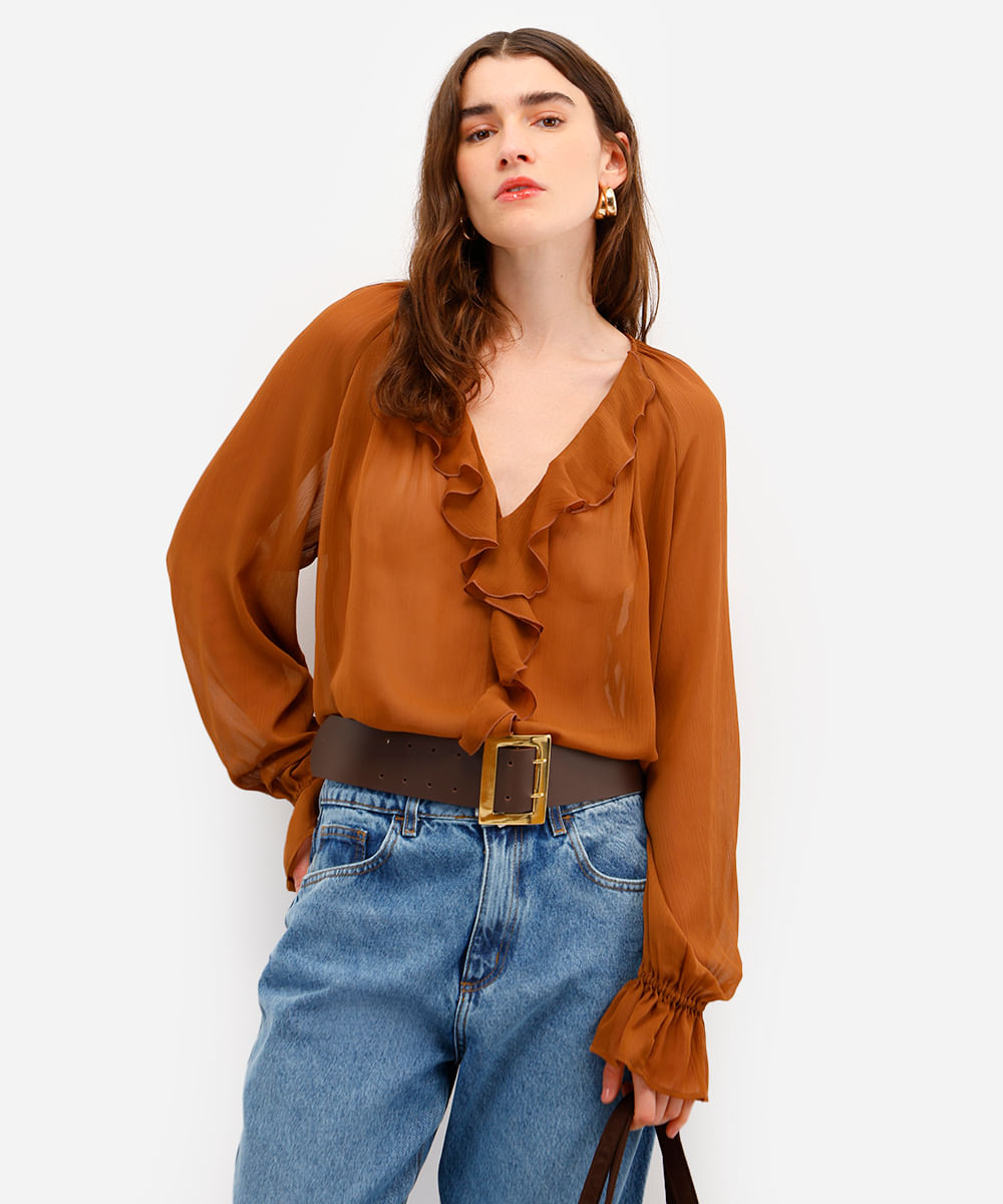 bata feminina com babados texturizada marrom