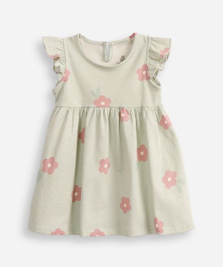vestido infantil de algodão com babado floral verde 0-3