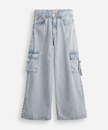 calça wide leg juvenil jeans com bolsos cargo azul 14