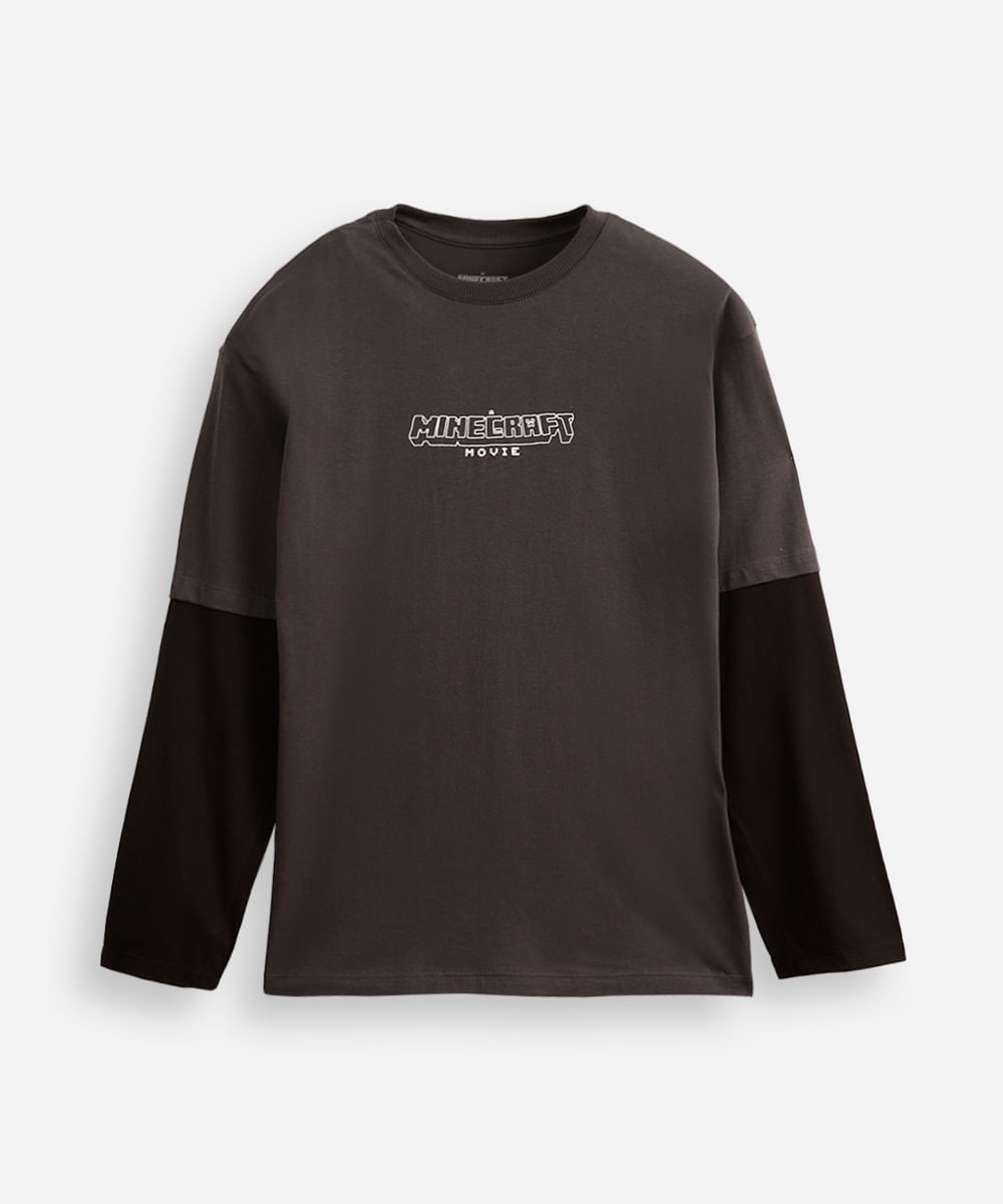 camiseta juvenil de algodão com sobreposição minecraft cinza