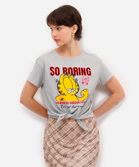 camiseta feminina de algodão garfield texturizada com amarração cinza P camiseta feminina de algodão garfield texturizada com amarração cinza P